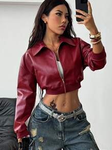 Coolane 女款秋季街頭風街頭穿搭外出夜生活約會辦公穿著復古酒紅皮革短夾克 - 酒紅色 - 查看 6
