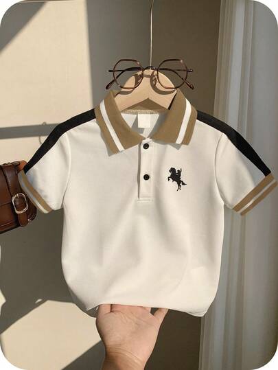 SHEIN Camisa polo de manga corta con bloque de color, de estilo casual y lindo para niño pequeño, adecuada para fiesta de cumpleaños, fiesta de noche, actuación, boda, baby shower, celebración de un mes y un año
