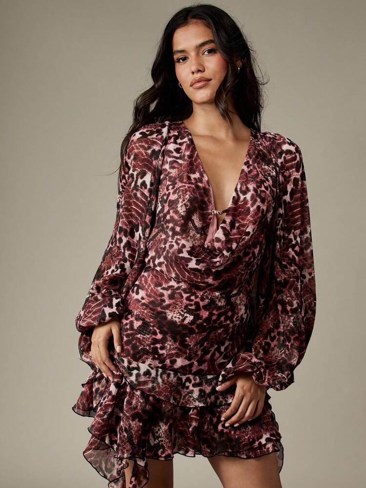MISSGUIDED Cowl Neck Ruffle Mini Dress Animal Print Pattern Long Sleeve Chiffon Party Fall Winter Holiday Night Out Dinner