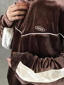 FRIFUL 女士棕色天鹅绒撞色白条纹落肩长袖宽松休闲百搭运动衫，时尚秋季 - 咖啡棕 - 查看 3