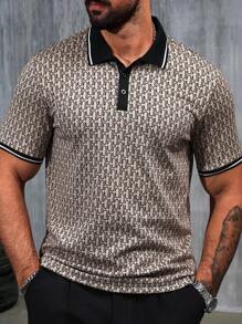 Manfinity CasualCool 男士满版印花撞色条纹拼色 Polo 衫 男士几何印花 Polo 衫 男士图案 Polo 衫 男士时尚 Polo 衫 男士 Polo 衫 男士高尔夫衬衫，复古风 - 卡其色 - 查看 5