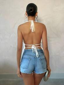SHEIN BAE ملابس علوية قصير مكشوف الظهر للصيف والعطلات، ملابس علوية مجعد جذاب للمواعدة، ملابس علوية هالتر للنساء للصيف/الربيع/عيد الحب/الكرنفال/عطلة الشاطئ - أبيض - مشاهدة 2