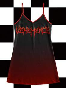 Shutterstock Y2Kool Halloween Damen Orange & Schwarz Farbverlauf Farbverlauf Dorn Text Kontrast Farbe Y2K Hip-Hop Slip Kleid Rot und Schwarz Kleid Y2k Kleid Farbverlauf Kleid