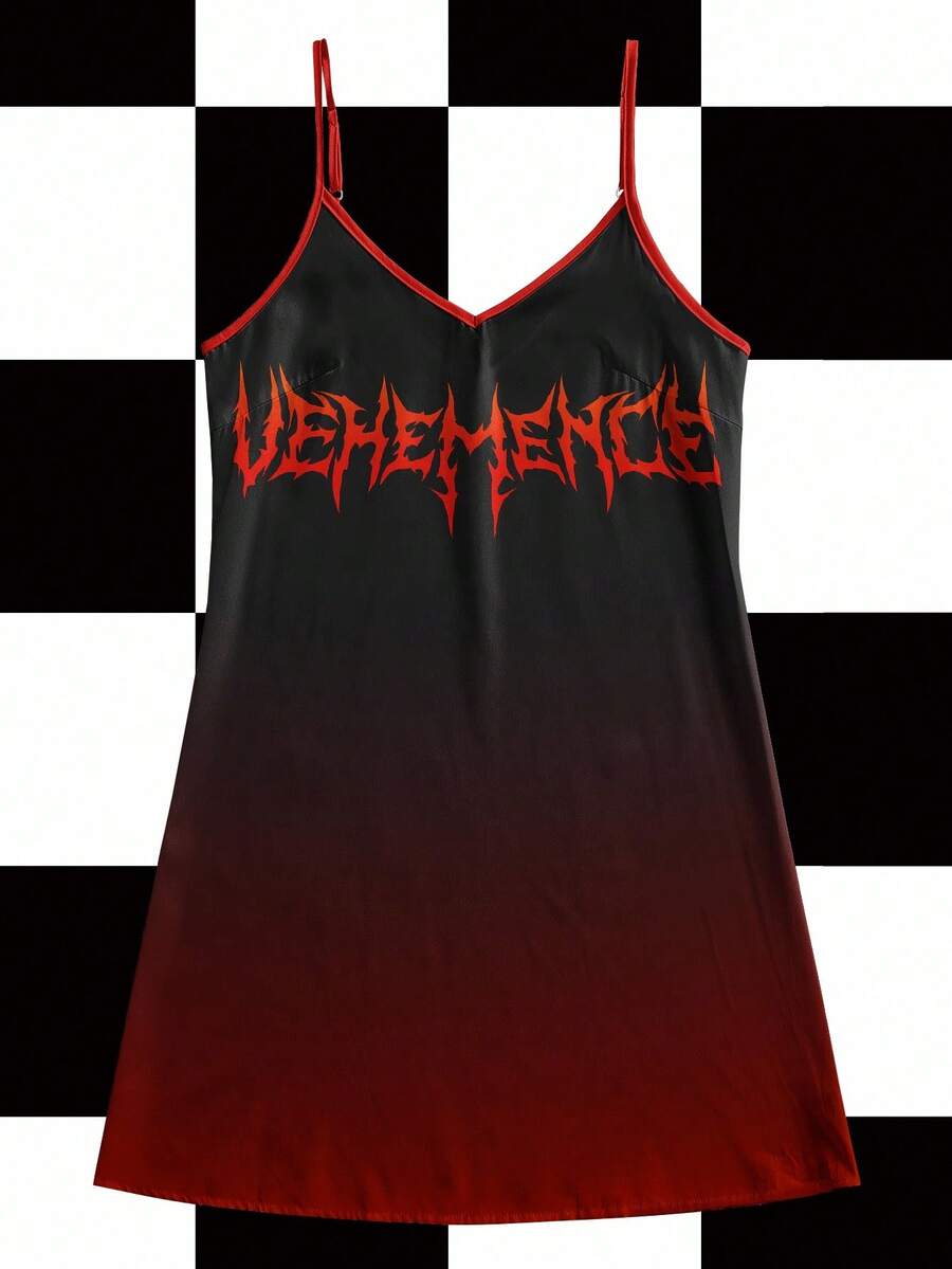 Shutterstock Y2Kool Halloween Damen Orange & Schwarz Farbverlauf Farbverlauf Dorn Text Kontrast Farbe Y2K Hip-Hop Slip Kleid Rot und Schwarz Kleid Y2k Kleid Farbverlauf Kleid