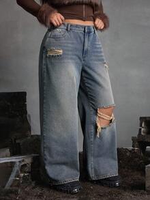 Jeanoix 大码女式做旧口袋宽腿宽松休闲牛仔裤 - 藍色 - 查看 4