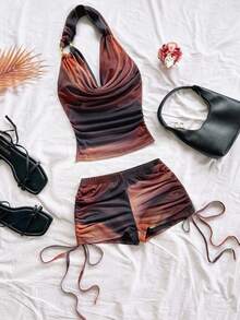 Soleia Set da 2 pezzi da donna per vacanze: top con spalline metalliche a canottiera e pantaloncini con coulisse in vita bassa, elegante e sexy, adatto per vacanze, feste, appuntamenti, spiaggia, estate, vacanze, matrimoni, crociere in spiaggia, vacanze in città, vacanze bohémien, festival musicali - Caffè Marrone - Visualizzare 6