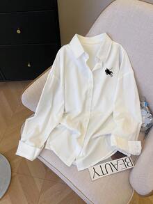 INAWLY 大码女式休闲/办公室通勤宽松刺绣马匹图案落肩长袖衬衫，春/秋 - 白色 - 查看 4