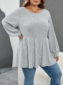 SHEIN CURVE+ Große Größen Lässig einfarbiges Laternenhülse T-Shirt, Herbst/Winter Kleidung für Frauen, CURVE PLUS - Grau - Übersicht 7