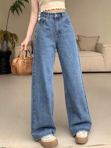 DAZY Solid Color Loose Fit Wide Leg Long Denim Pants Women Jeans - Medium Wash - View 4
