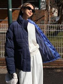 DAZY Chaqueta casual de mujer con cuello alto, versátil para abrigos de invierno - Azul Marino - Ver 1