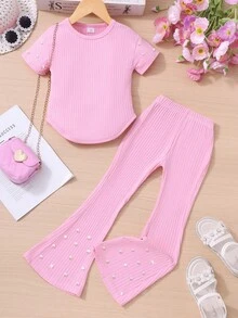 2pcs Young Girl' Plain Ribbed Crew Neck Pearl Short Sleeve Top And Flared Pants Set, Casual Summer Outfit Summer Holiday
