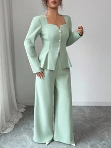 Elenzga 女士优雅高端华夫格针织领长袖开衫和阔腿裤两件套 - 綠色 - 查看 4