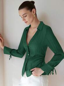 Aveloria Modichic Green Collared Shirt, Minimalist V-Neck Design, Waist Ruched Details Add Dimension, Sleeve Cuff Accents For Fashionable Women - Green - View 5