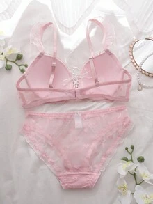 2 件套聚拢 3/4 罩杯加厚文胸，交叉肩带，蝴蝶结，心形透明刺绣蕾丝花边，荷叶边，可爱性感女士内衣套装，粉色透明内裤 - 粉色 - 查看 2