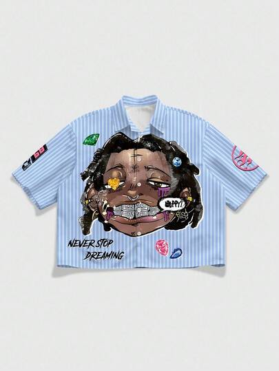 Street Life Herren Kurzarm Hemd mit Buchstaben- und Ziffernprint, Einzelreiher, gestreift, locker geschnitten