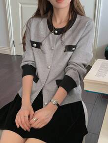DAZY Patchwork Colorblock Crew Neck Long Sleeve Elegant Vintage Knit Cardigan For Women, Autumn/Winter - Grey - View 8