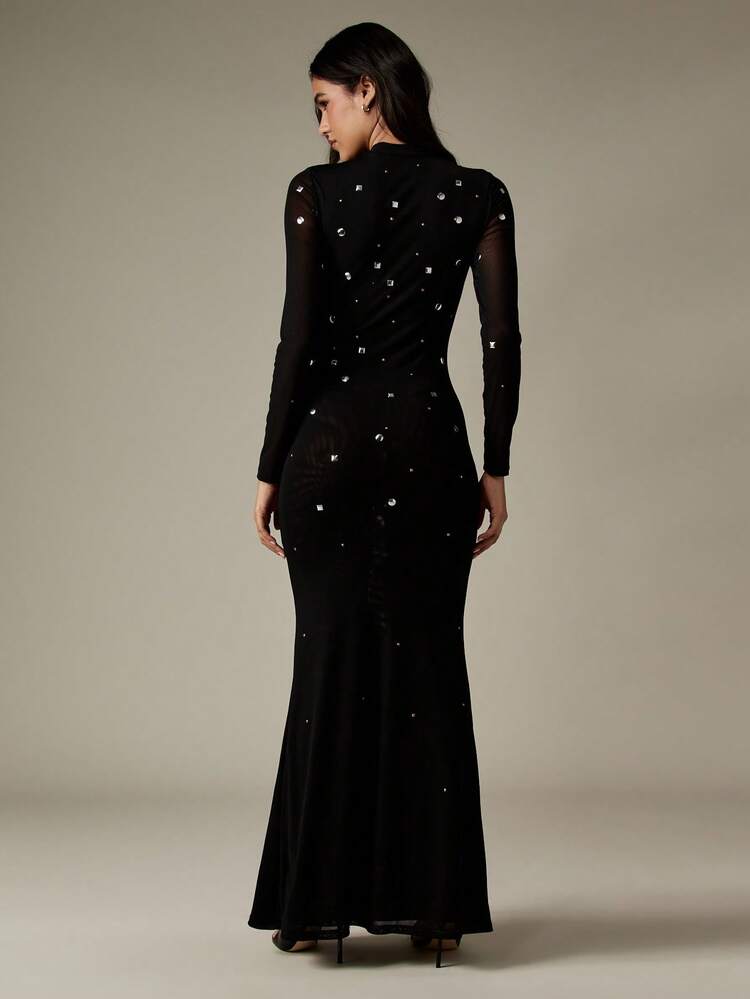 MISSGUIDED Elegante vestido de noche de manga larga con cuello de tortuga, con cristales engastados, ajustado tipo sirena con mangas de malla transparente y detalles brillantes para bailes formales de invierno, bailes de graduación y bodas