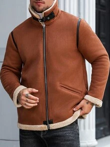 Manfinity CasualCool 男士纯色保暖长袖夹克外套，秋冬季，男士纯色绗缝外套，男士保暖夹克，冬季男士夹克，Gary夹克，保暖内衬夹克，外出浅灰色休闲夹克，送给朋友、丈夫、男友的礼物，男士冬季夹克，羊毛夹克，男士麂皮夹克，棕色夹克，棕色拉链夹克，男士抓绒夹克 - 棕色 - 查看 6