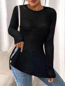 SHEIN Frenchy Solid Color Round Neck Split Hem Fitted Elegant Long Sleeve T-Shirt Black Tops Winter Casual Spring - Black - View 3