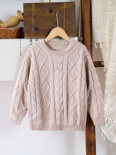 SHEIN Girls' Cable Knit Pullover SweaterYoung Girls Sweaters, Fashionable And Retro Style, Khaki, Fashionable And Popular, With A Twist And Transfer Stitch, Round Neck Base Sweater. Soft And Comfortable In Autumn And Winter, Suitable For Daily Scenes, Suitable For  Scenes, Suitable For Traveling Scenes, Suitable For Vacation Scenes, Suitable For Home Scenes, Suitable For Children To Play And Wear Back To School