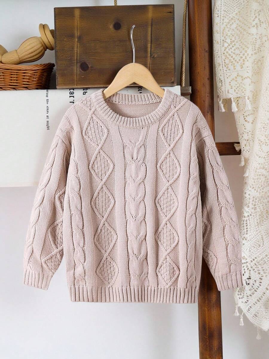 SHEIN Girls' Cable Knit Pullover Sweater,Pink Retro Round Neck Twist Stitch Sweaters For Autumn,Soft Fashionable Back-To-School,Holiday,School Traveling - Khaki - View 1