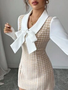 Elenzga Contrast Color Fabric Patchwork Bow Decor 2 In 1 Elegant Romantic Women Dress Fall Cloth For Women - Multicolor - View 6