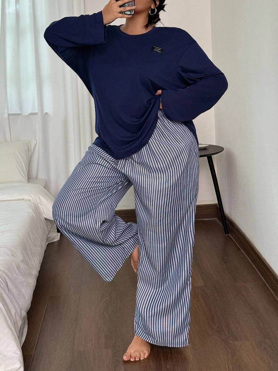 SHEIN 2pcs Women Plus Size Letter Embroidered Knit Crew Neck Long Sleeve Top And Woven Striped Pants Pajama Set Lounge Wear Set Pajama Set Pajama Set, Fall Winter Clothes, Cozy Outfits - Navy Blue - View 1