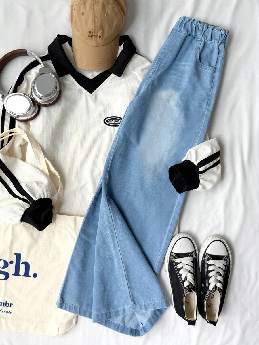 SHEIN 少女休闲波西米亚风假日平底阔腿牛仔裤，腰部平坦，口袋设计，日常穿着 - 中等水洗藍 - 查看 1