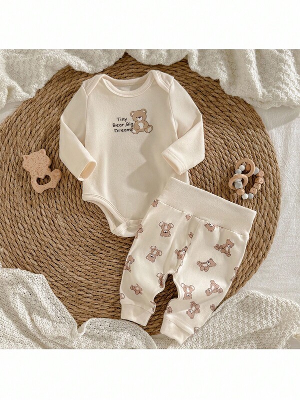 Loomiva Noworodek, dziewczynka/chłopiec, dzianinowy, miękki kombinezon z okrągłym dekoltem i długim rękawem oraz spodnie z elastyczną talią, 2 sztuki