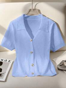 Franclia 全新夏季休闲宽松简约通勤百搭个性设计女式针织开衫 - 淺藍色 - 查看 4