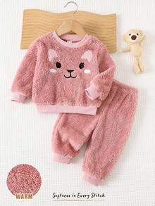 Cozy Pixies 两件套女婴可爱卡通动物表情贴花保暖圆领长袖卫衣搭配松紧腰带毛绒裤，可爱兔子图案睡衣，舒适百搭休闲日常可爱简约风格，适合室内、室外、日常、运动、玩耍、派对、拍照、秋冬季假期穿着。 - 藕粉色 - 查看 3
