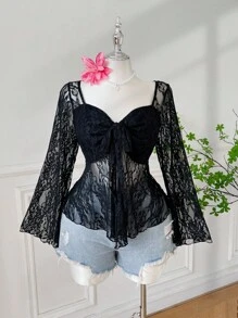 Comfortcana Plus Size Elegant Sexy Sheer Lace Bell Sleeve T-Shirt,Autumn/Winter,Fall Clothes For Women,Country - Black - View 3