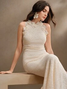 Anewsta Pleated Texture Women Long Dress, Spring/Summer Outfits - Apricot - View 3