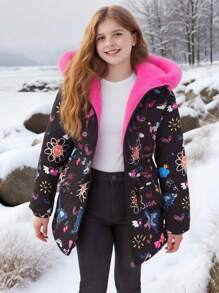 SHEIN Chaqueta acolchada de algodón con capucha, de forro polar, con estampado de grafiti, cintura con cordón y bolsillos cargo, versátil y casual para uso diario y escolar, para niñas preadolescentes, gruesa y cálida