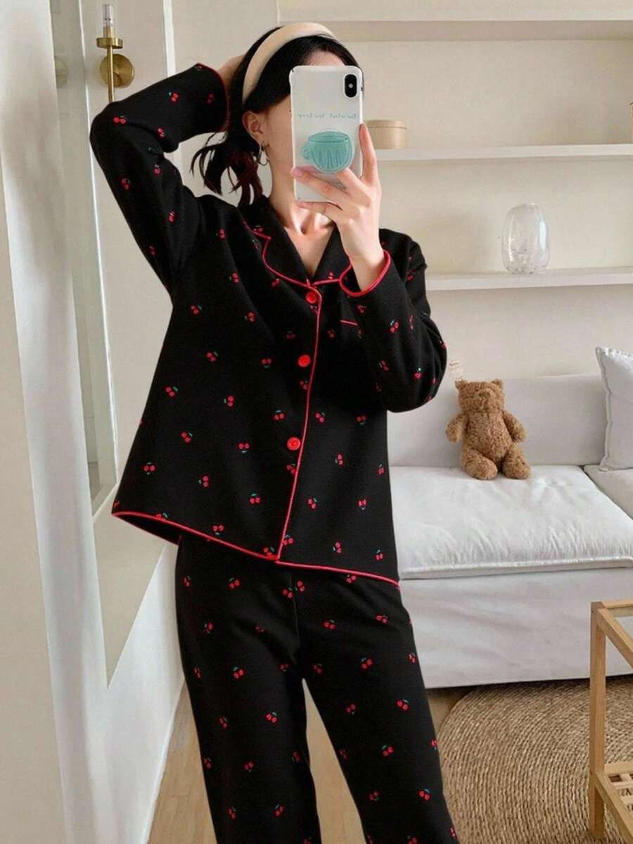 School Girl Style 2pcs Pajama Set, Girls Cute Cherry Print Long Sleeve Shirt And Pants, Casual Loungewear Cherry Pajama Set Fall Winter
