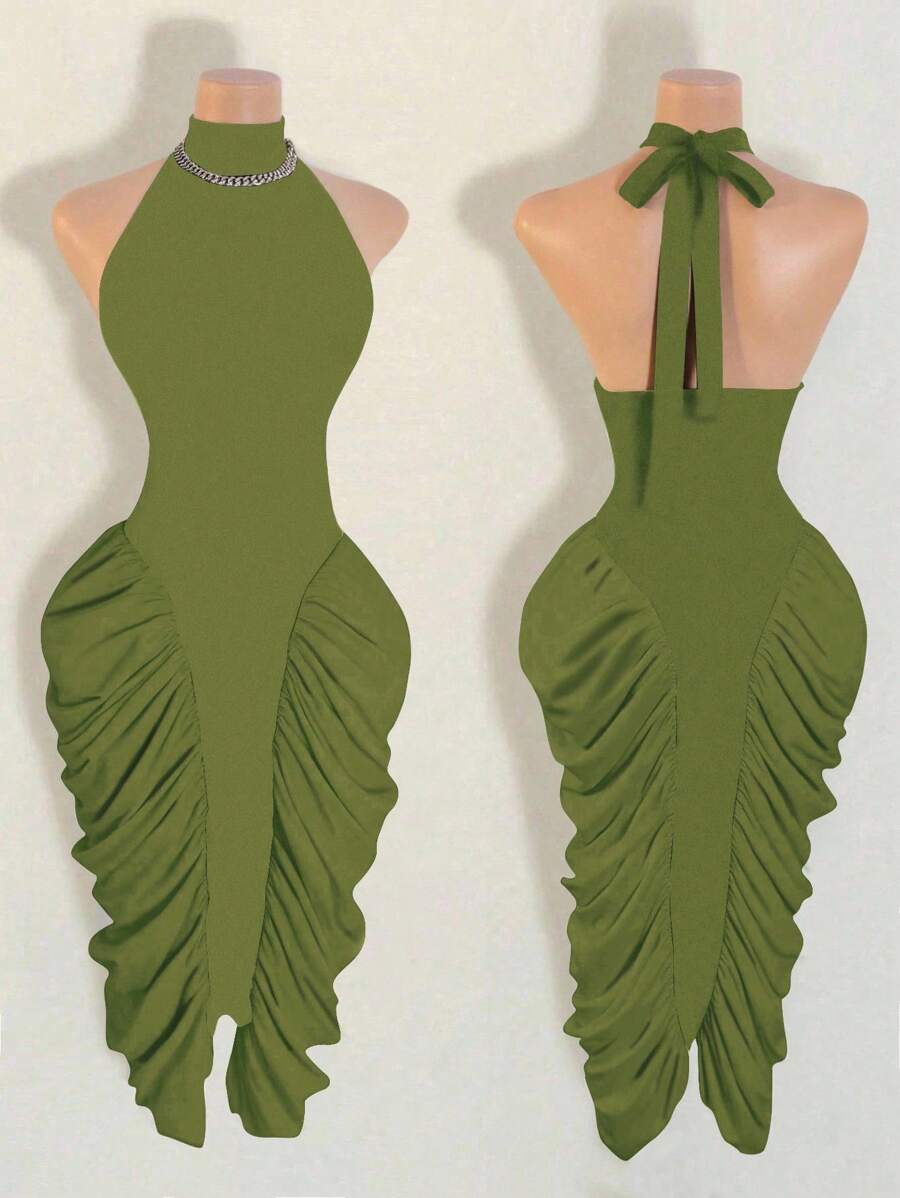 BamGleam Váy midi ôm sát cơ thể xếp ly cổ đứng cổ điển thanh lịch mới cho nữ mùa hè - xanh quân đội - Xem 1