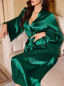LuxeNights French Elegant Loose Long Robe, Women Sleepwear Robe, Green Long Satin Robe, For Fall, Winter - Dark Green - View 6