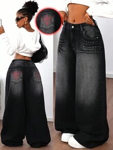 SHEIN ICON 女式褪色简约休闲牛仔裤 - 黑色 - 查看 2