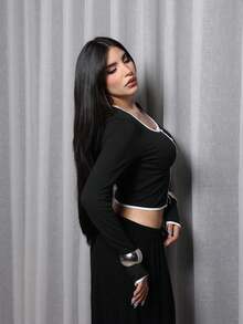 Steff Loaiza Women's Black & White Color Block Decorative Button Fitted T-Shirt, Elegant & Fashionable