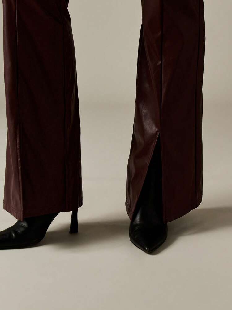 MISSGUIDED Leather Look Flared Pants With Split Hem