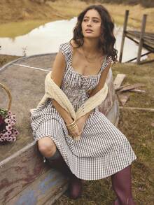 Aralina Váy dài vừa phải, cổ vuông, in họa tiết kẻ caro, ngực nhún bèo dành cho nữ - Nhiều màu - Xem 9