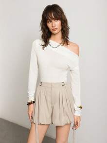 ATUI Studio Women's Elegant Retro Elegant Western Nomad Khaki Ruffled Vintage Flower Bud Shorts,Business Casual Women, Cream Shorts, Pleated Shorts - Apricot - View 3