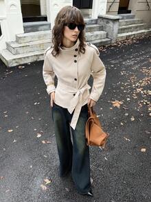 ATUI Studio Áo khoác trench coat cổ đứng màu trơn thường ngày dành cho nữ, Xuân/Thu - Màu be - Xem 7