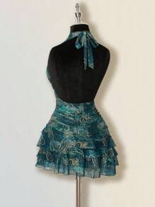 SHEIN ICON 女式不对称下摆佩斯利印花露背迷你连衣裙，性感前卫 - 彩色 - 查看 2