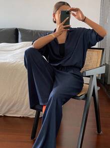 DAZY 女士V领宽松上衣和阔腿裤两件套，秋季 - 藍色 - 查看 6