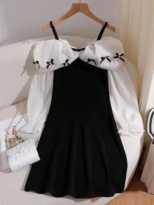 青少年女孩抓褶套裝，聖誕節、萬聖節黑色洋裝，冬季服飾，冬季套裝，青少年女孩冬裝，秋季服飾 - 黑與白 - 查看 4