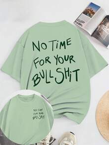 EMERY ROSE Camiseta de manga corta de cuello redondo con estampado de letras "No Time For Your" de corte holgado y talla grande para mujer - verde menta - Ver 3