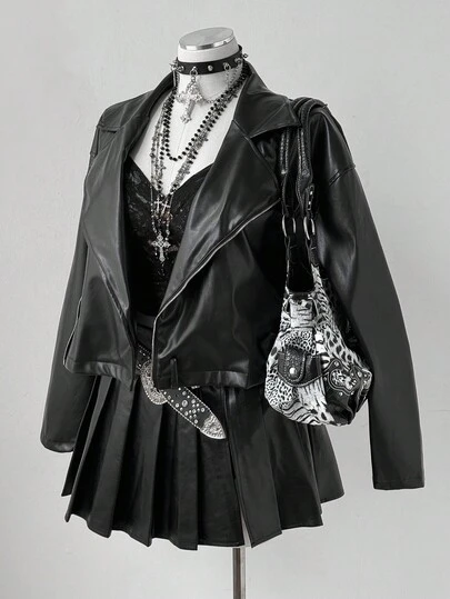 Sunspun 大码时尚黑色腰带短款夹克