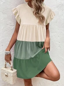 Breezaya Color Block Flounce Sleeve Ruffle Hem Smock Dress Vacation Beach Outfits Women - Multicolor - View 5