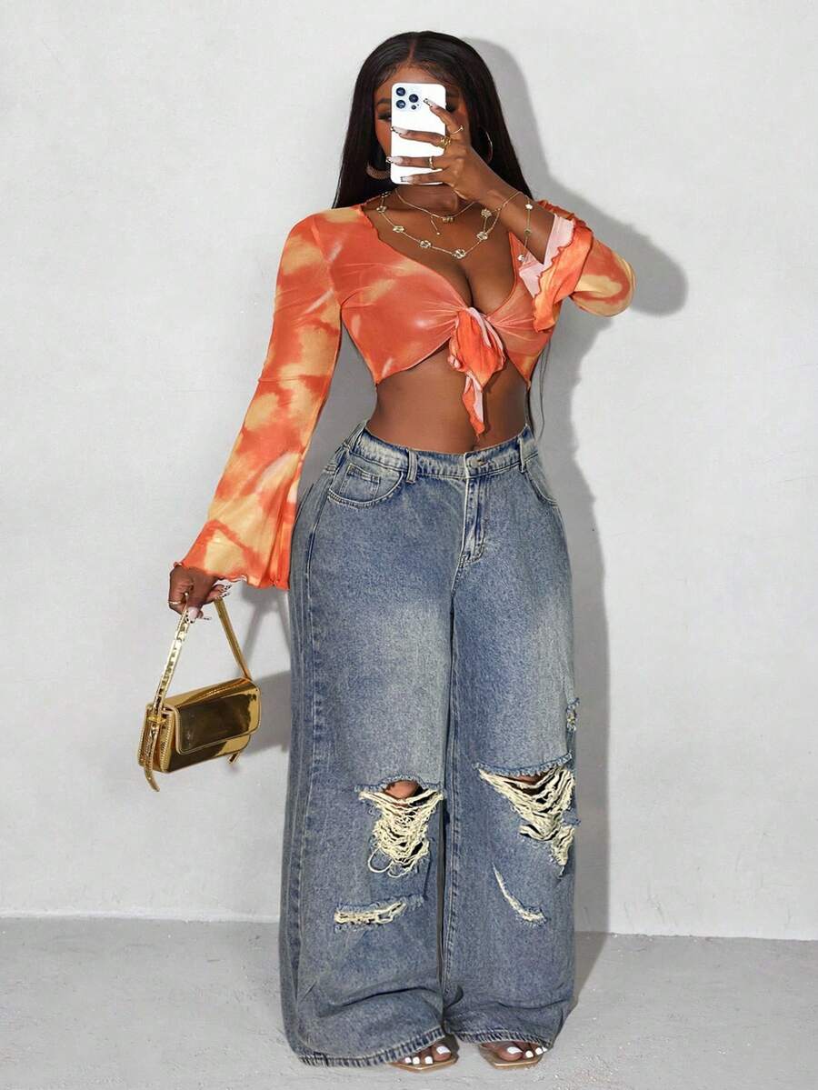 Slaydiva Plus Size Women Casual Loose Flare Leg Distressed Denim Jeans, Blue - Medium Wash - View 1